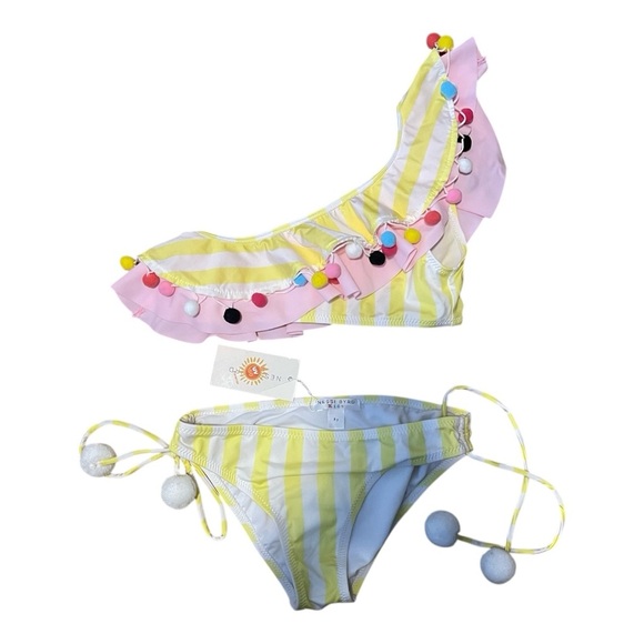 Yellow and Pink Striped Girl’s Ruffle Bikini with Pom Poms - Picture 1 of 2